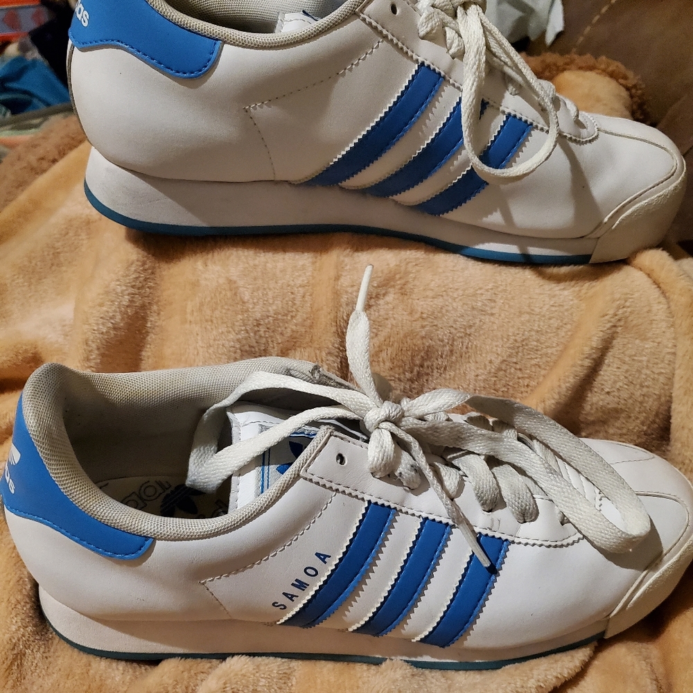 Blue and white Adidas Samoas